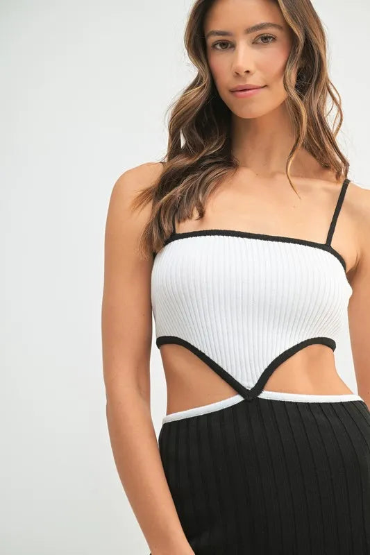 Image of MABLE Ribbed Knit Color Block Cutout Midi Dress | Queeble.shop