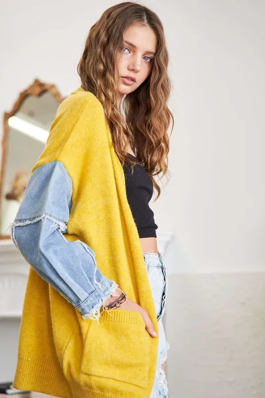 Image of ADORA Full Size Frayed Denim Sleeve Sweater Cardigan Plus Size | Queeble.shop