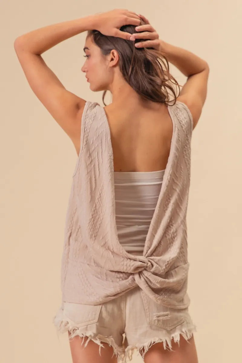 Image of BiBi Textured Sweather Knit Twist Back Sleeveless Top | Queeble.shop