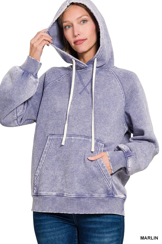 Image of Zenana Acid Wash Fleece Hoodie with Kangaroo Pocket | Queeble.shop