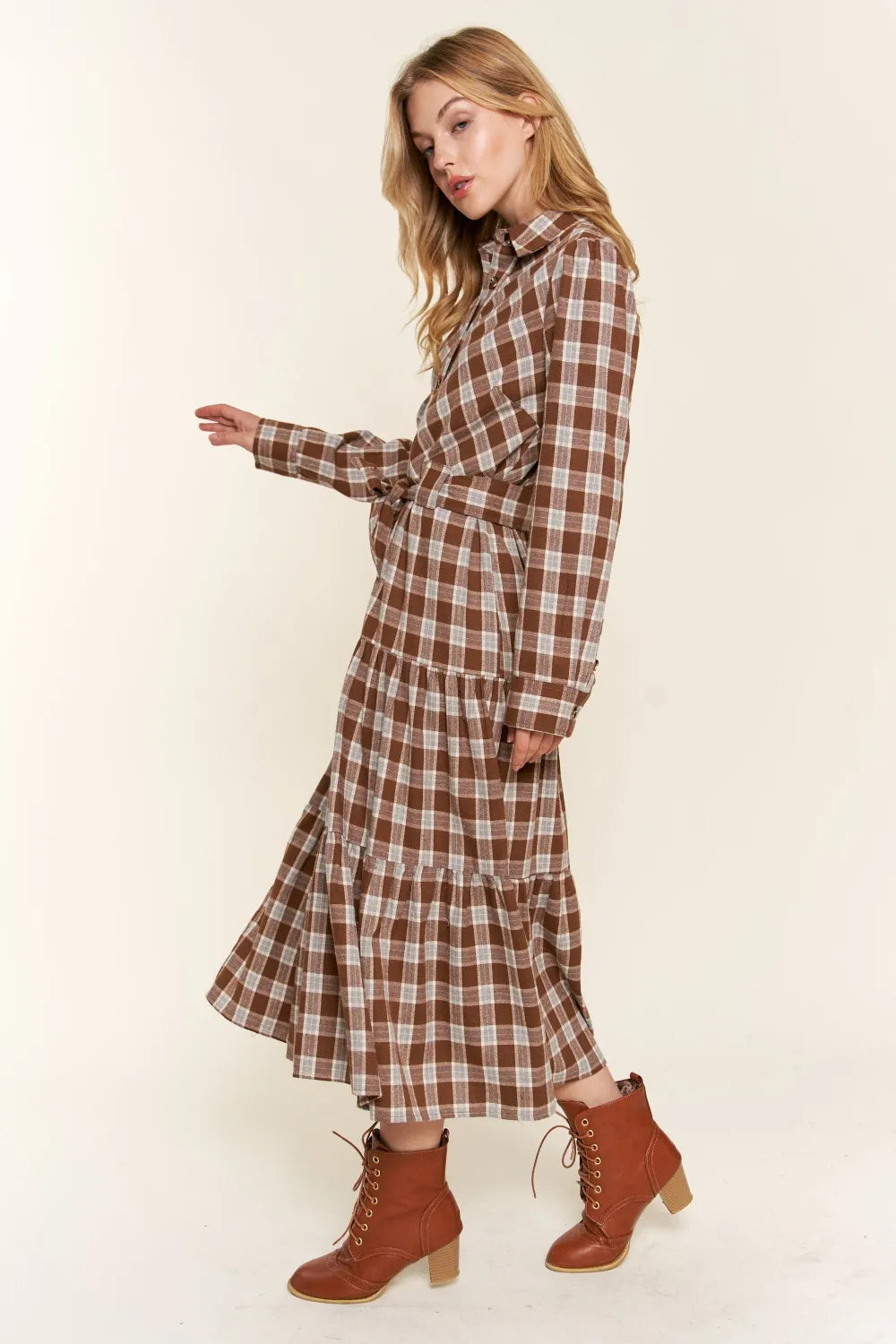 Image of And the Why Plaid Tiered Midi Shirt Dress | Queeble.shop