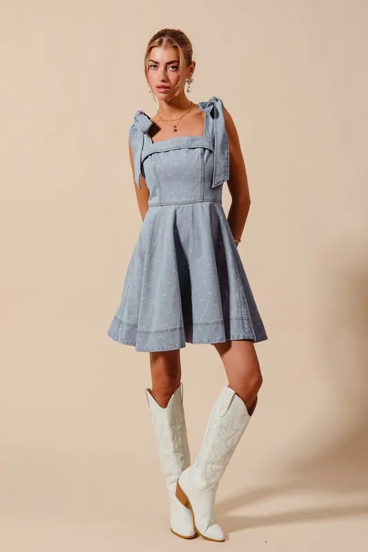 Image of SO ME A Line Fit and Flare Diamond Bow Ribbon Denim Dres | Queeble.shop