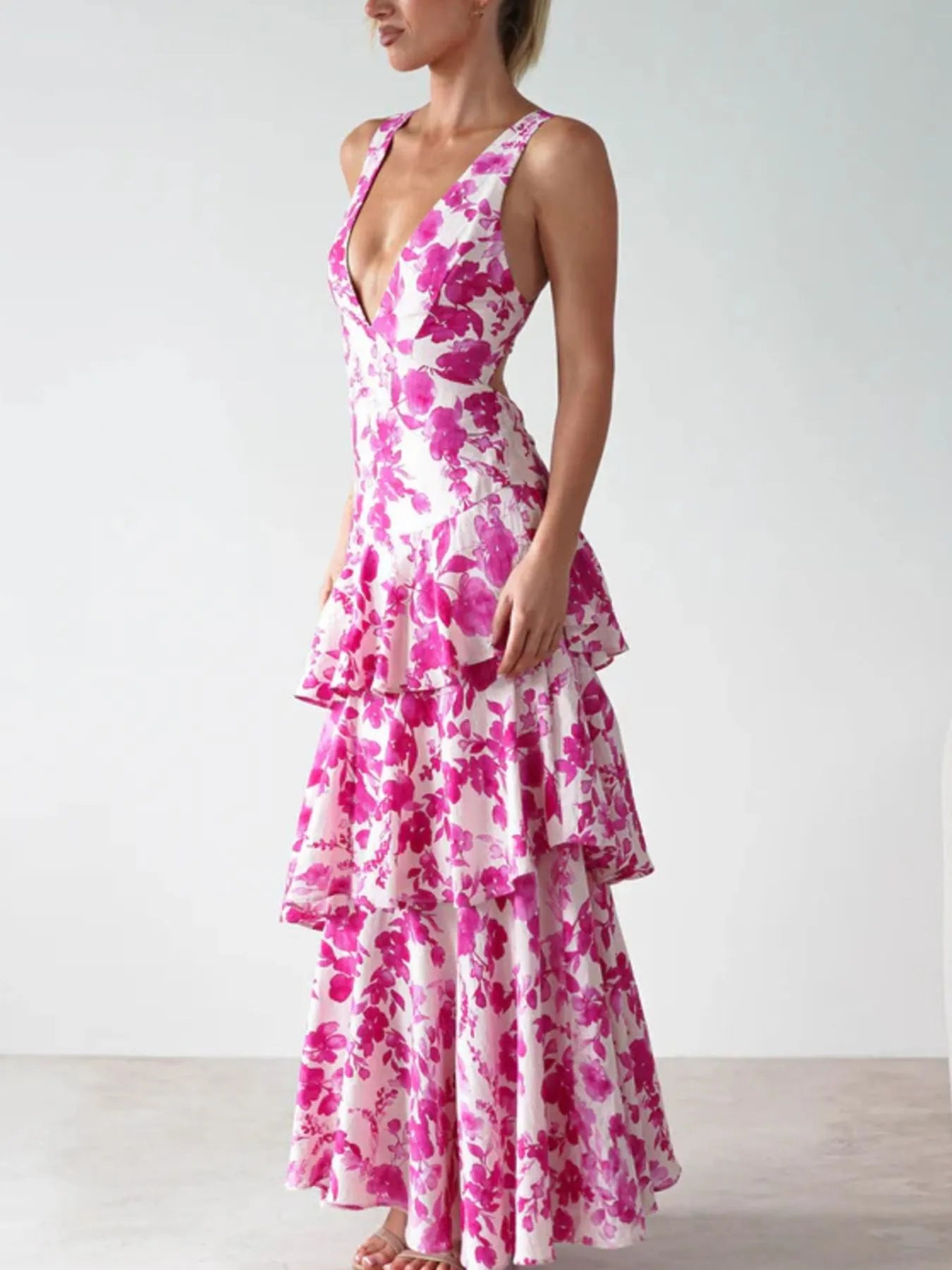 Image of Ruffled Layered Floral Deep V-Neck Dress | Queeble.shop