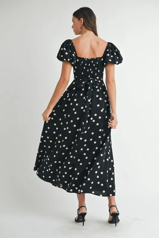 Image of MABLE Polka Dot Puff Sleeve Midi Dress | Queeble.shop