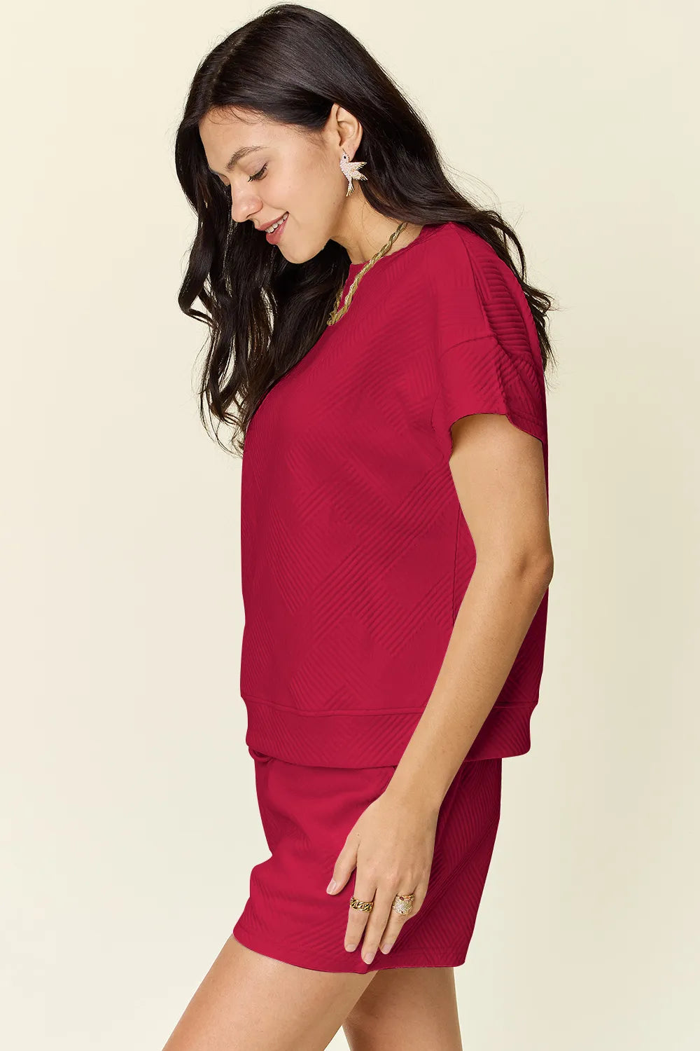 Image of Double Take Full Size Texture Short Sleeve T-Shirt and Drawstring Shorts Set | Queeble.shop