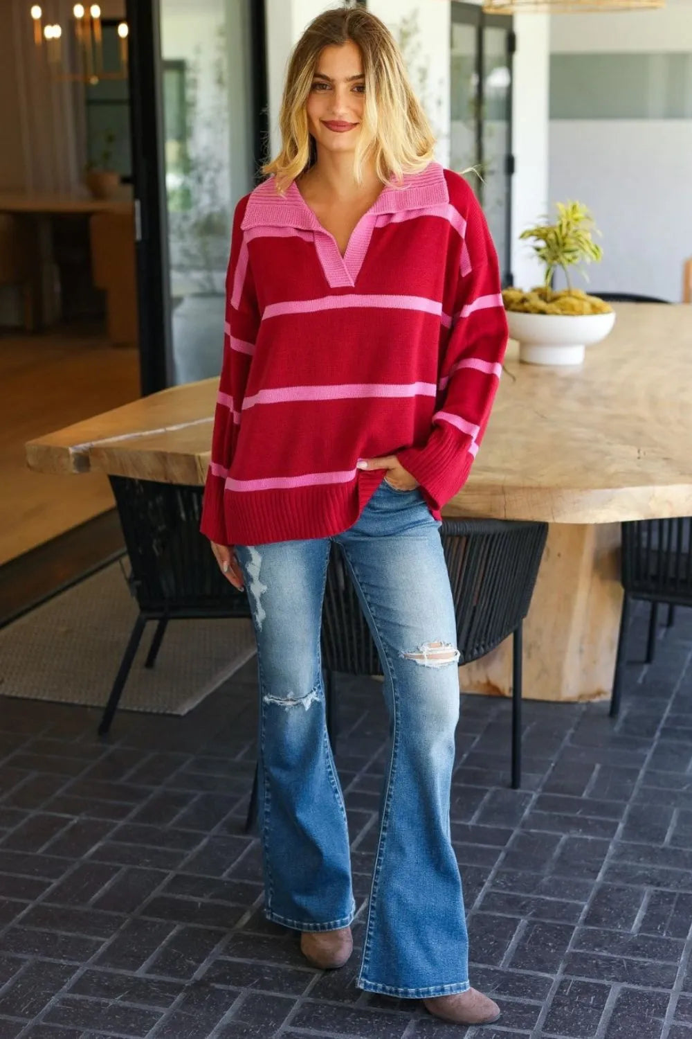 Image of Haptics Collared Neck Striped Contrast Sweater | Queeble.shop