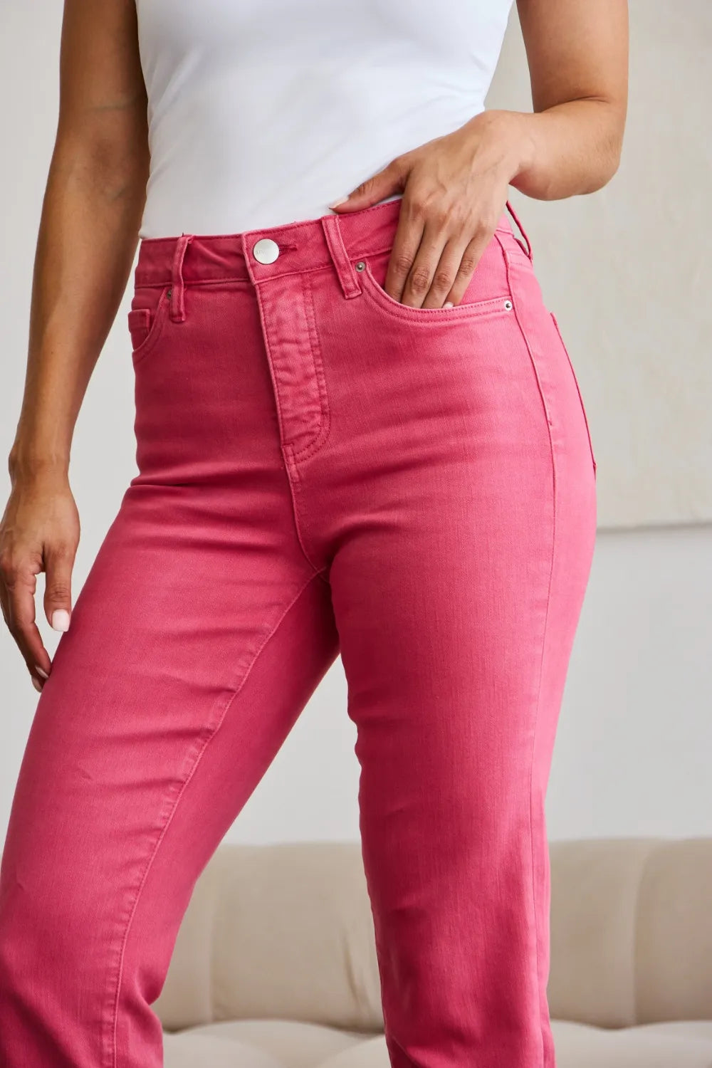 Image of RFM Crop Dylan Full Size Tummy Control High Waist Raw Hem Jeans | Queeble.shop