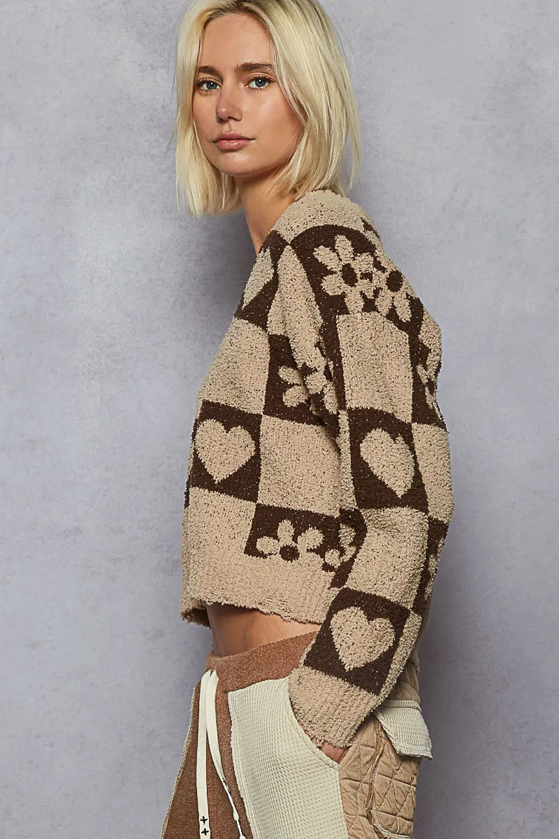 Image of POL V-Neck Heart Pattern Checkered Sweater | Queeble.shop