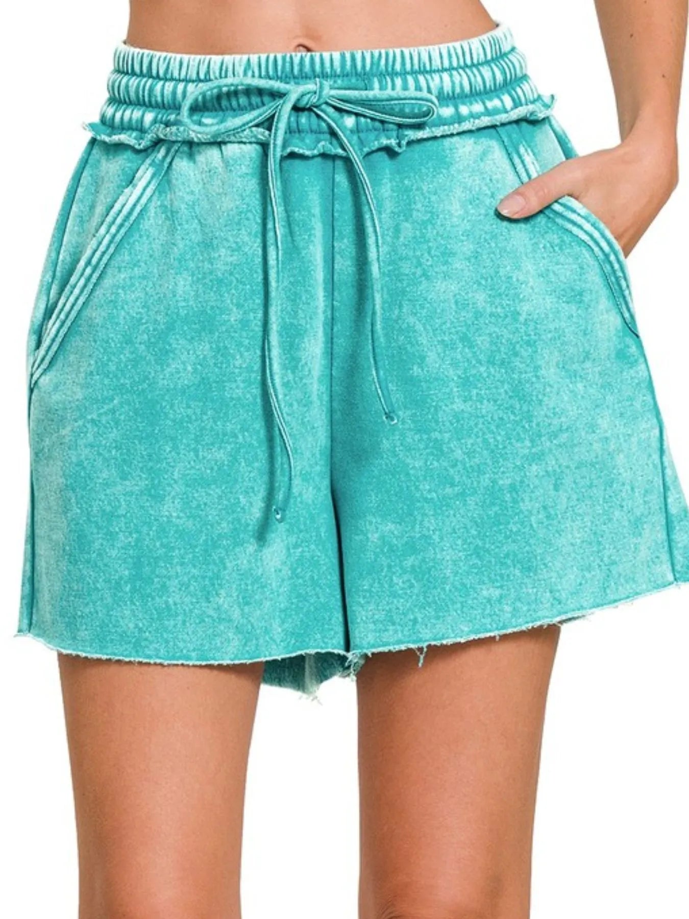 Image of Zenana Acid Wash Fleece Drawstring Shorts With Pockets | Queeble.shop