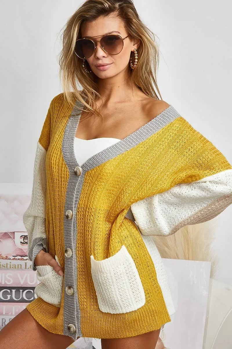Image of BiBi Color Block Sweater Cardigan with Button Closure | Queeble.shop