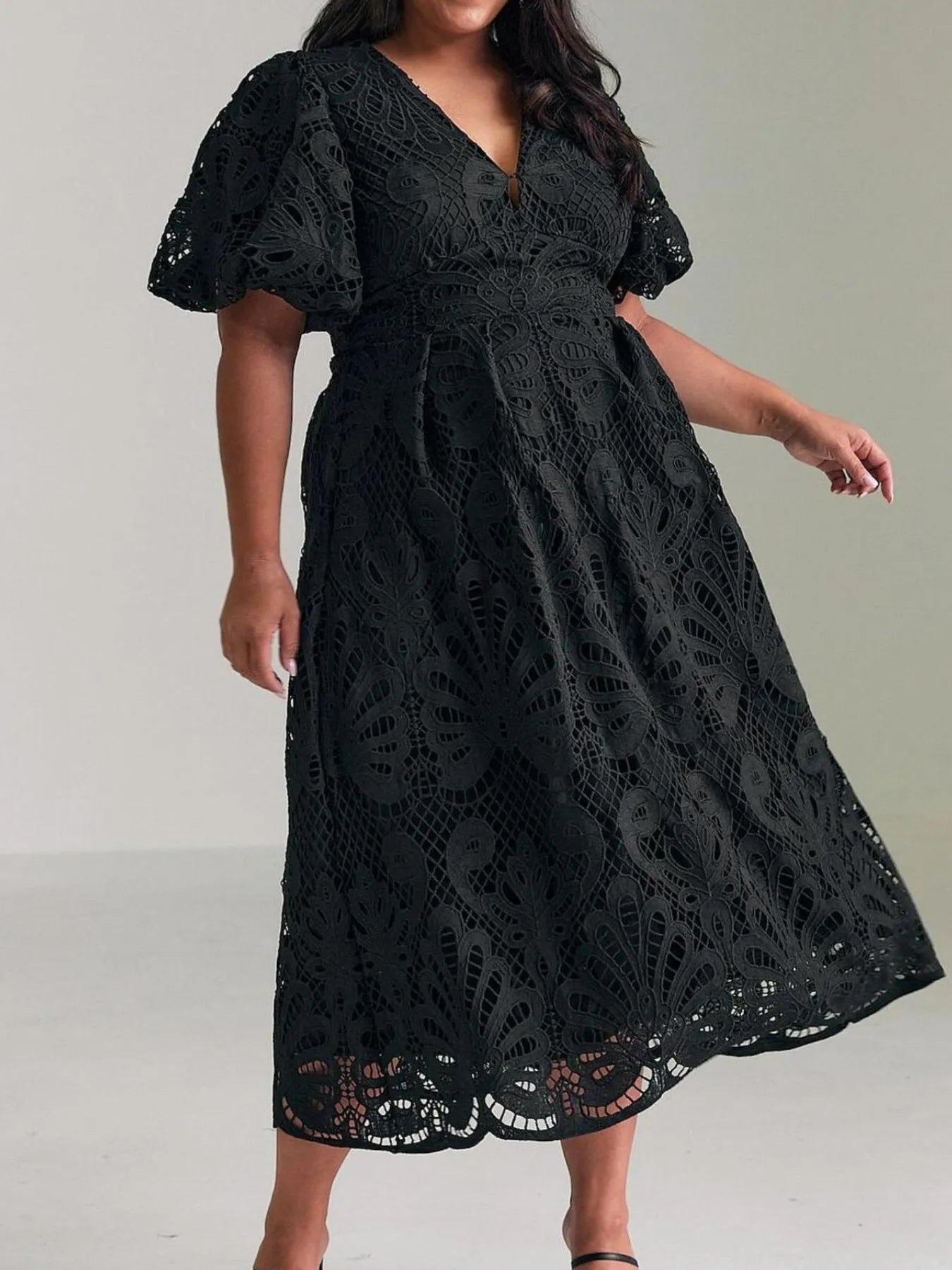 Image of Lace V-Neck Midi Dress with Puff Sleeves | Queeble.shop