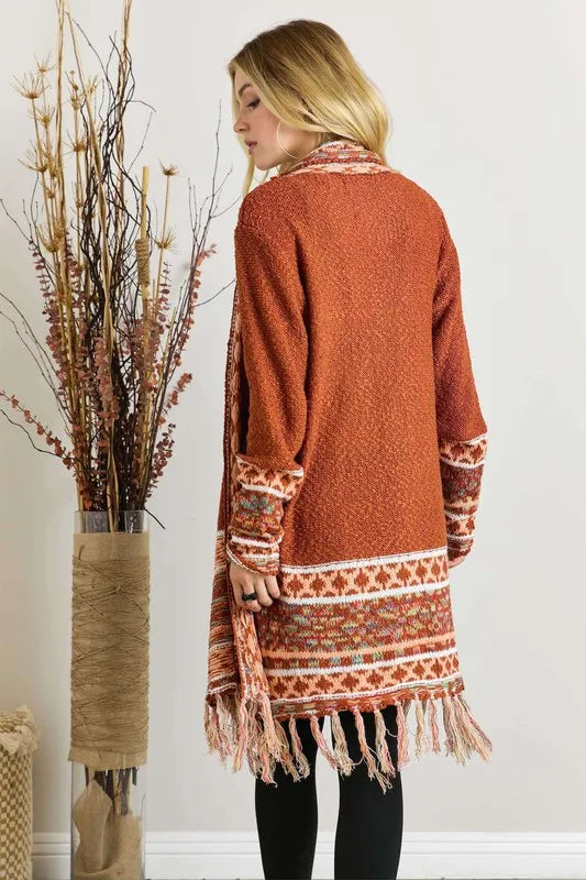 Image of ADORA Full Size Fringe Hem Aztec Border Cardigan Plus Size | Queeble.shop