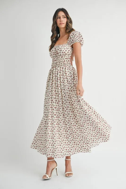 Image of MABLE Floral Print Puff Sleeve Gathered Midi Dress | Queeble.shop