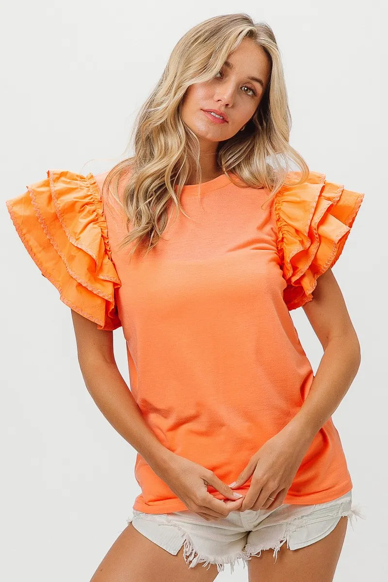 Image of BiBi Knit Top Woven Ruffle Tiered Sleeves | Queeble.shop
