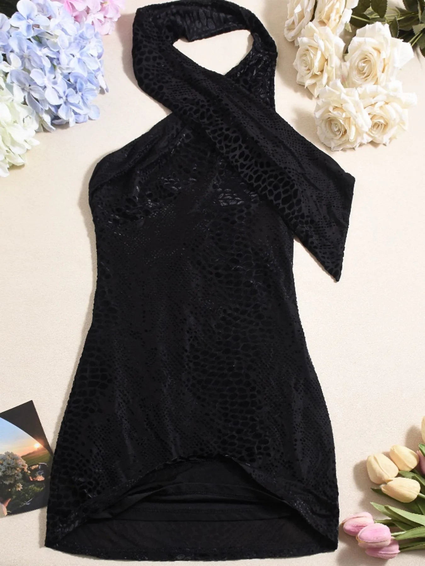Image of Asymmetrical Halter Neck Mini Dress | Queeble.shop