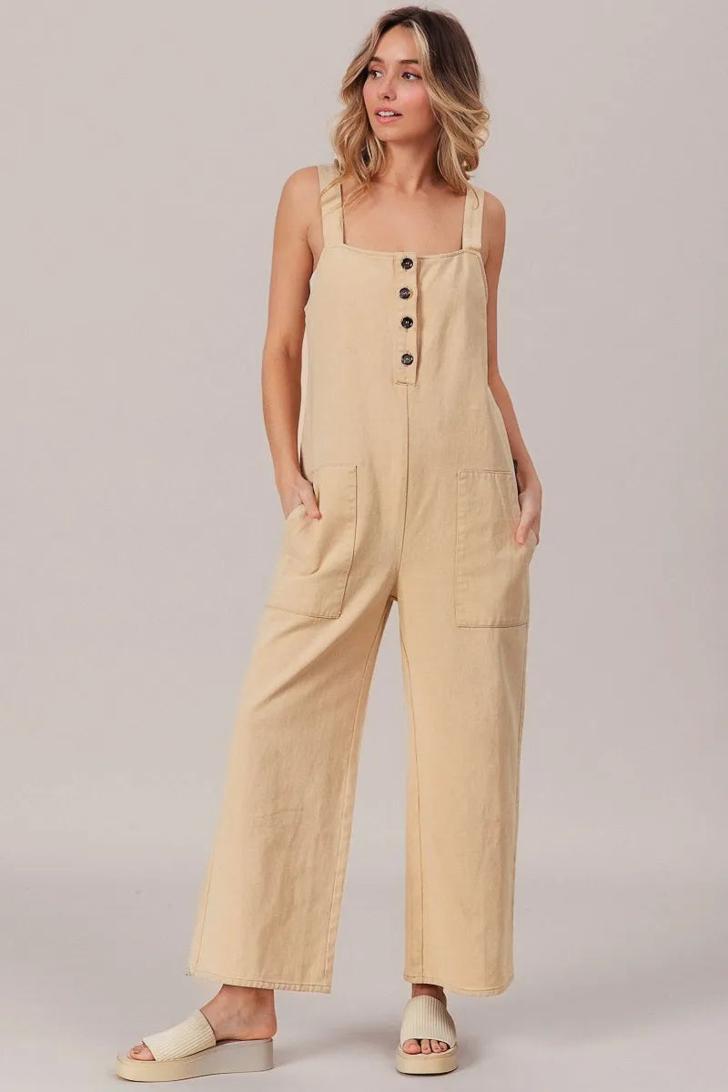 Image of BiBi Washed Denim Buttoned Overall Jumpsuit | Queeble.shop