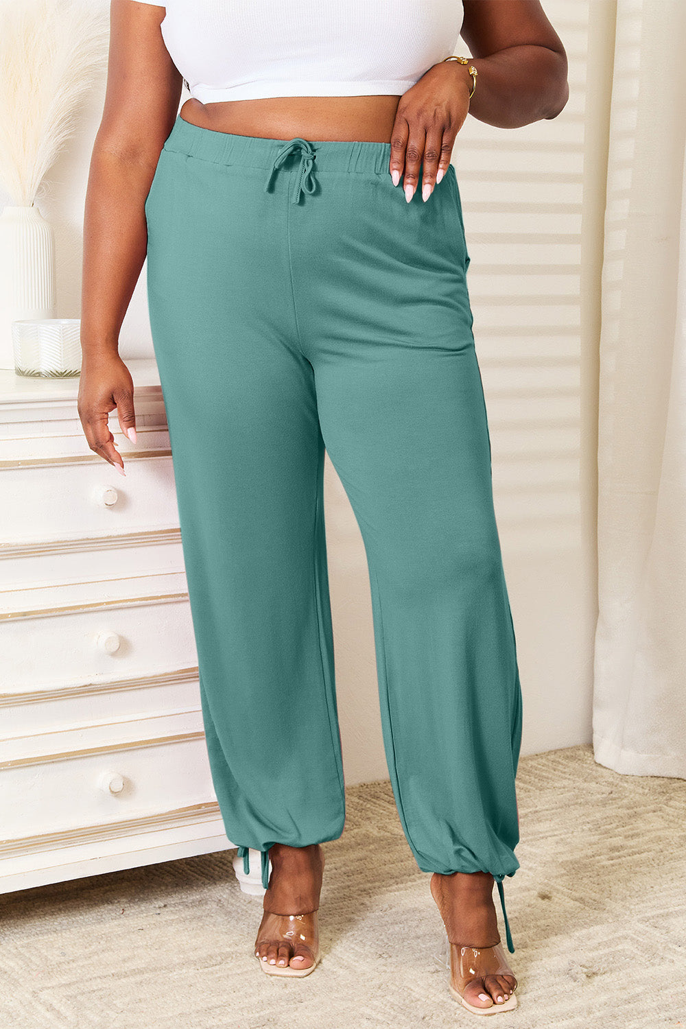 Image of Basic Bae Full Size Soft Rayon Drawstring Waist Pants with Pockets | Queeble.shop