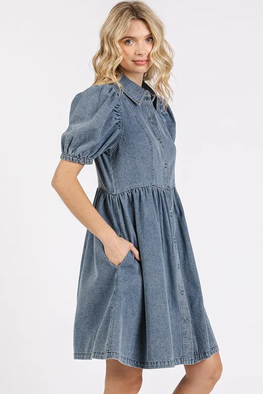 Image of Mittoshop Button Down Puff Sleeve Denim Dress | Queeble.shop