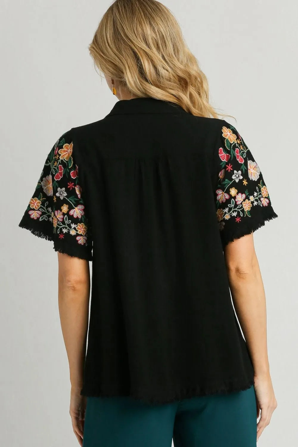 Image of Umgee Full Size Linen Shirt with Embroidered Sleeves Plus Size | Queeble.shop