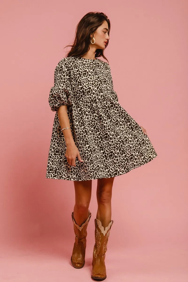 Image of BiBi Leopard Denim Dress With Back Contrast Tie Detail | Queeble.shop
