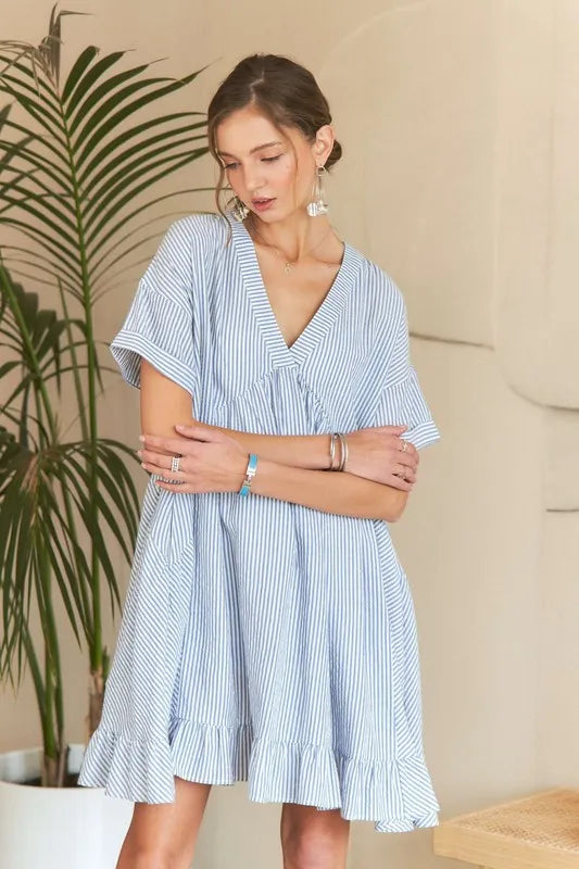 Image of ADORA Ruffled Hem Striped V-Neck Babydoll Dress | Queeble.shop