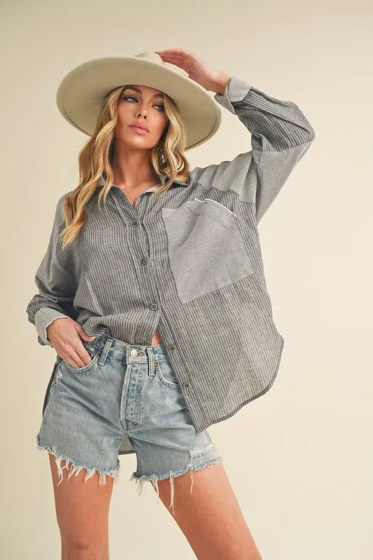 Image of Aemi + Co Striped Collared Neck Lantern Sleeve Shirt | Queeble.shop