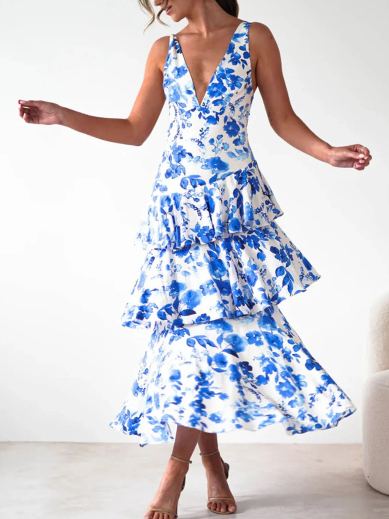 Image of Ruffled Layered Floral Deep V-Neck Dress | Queeble.shop