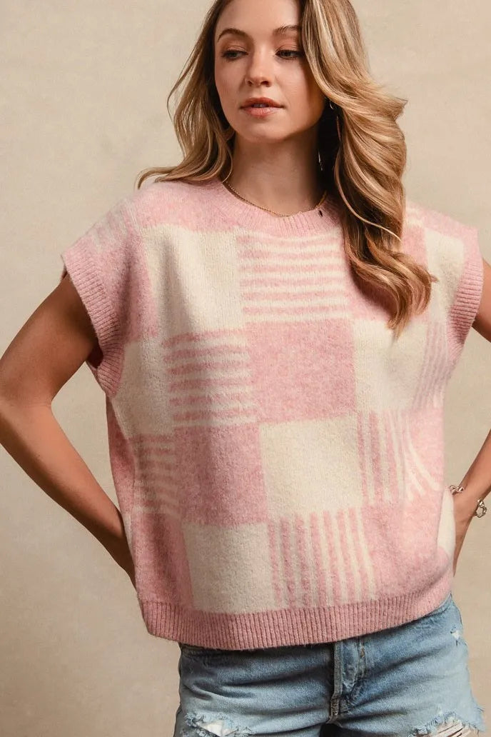 Image of BiBi Checker With Stripes Pattern Sleeveless Sweater | Queeble.shop