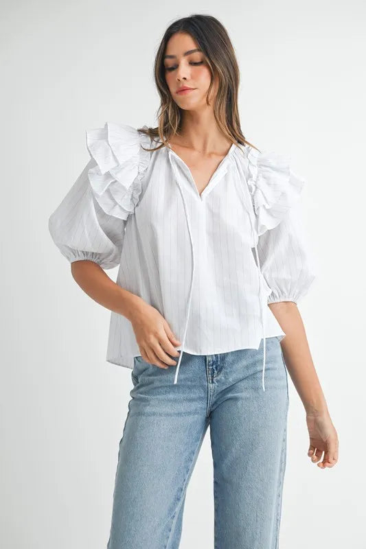 Image of MABLE Stripe Ruffle Shoulder Puff Sleeve Blouse | Queeble.shop
