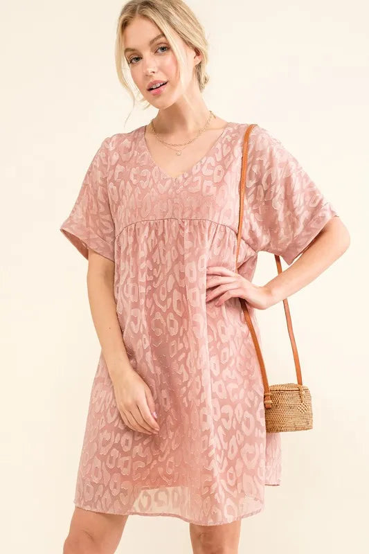 Image of And The Why Woven Leopard Baby Doll Roll-Sleeve Casual Dress | Queeble.shop