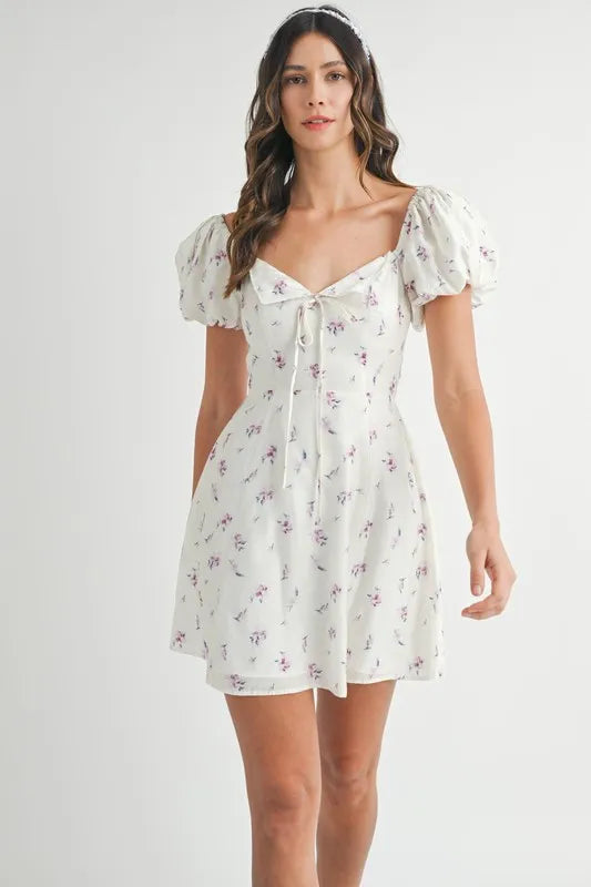 Image of MABLE Floral Print Puff Sleeve Mini Dress | Queeble.shop