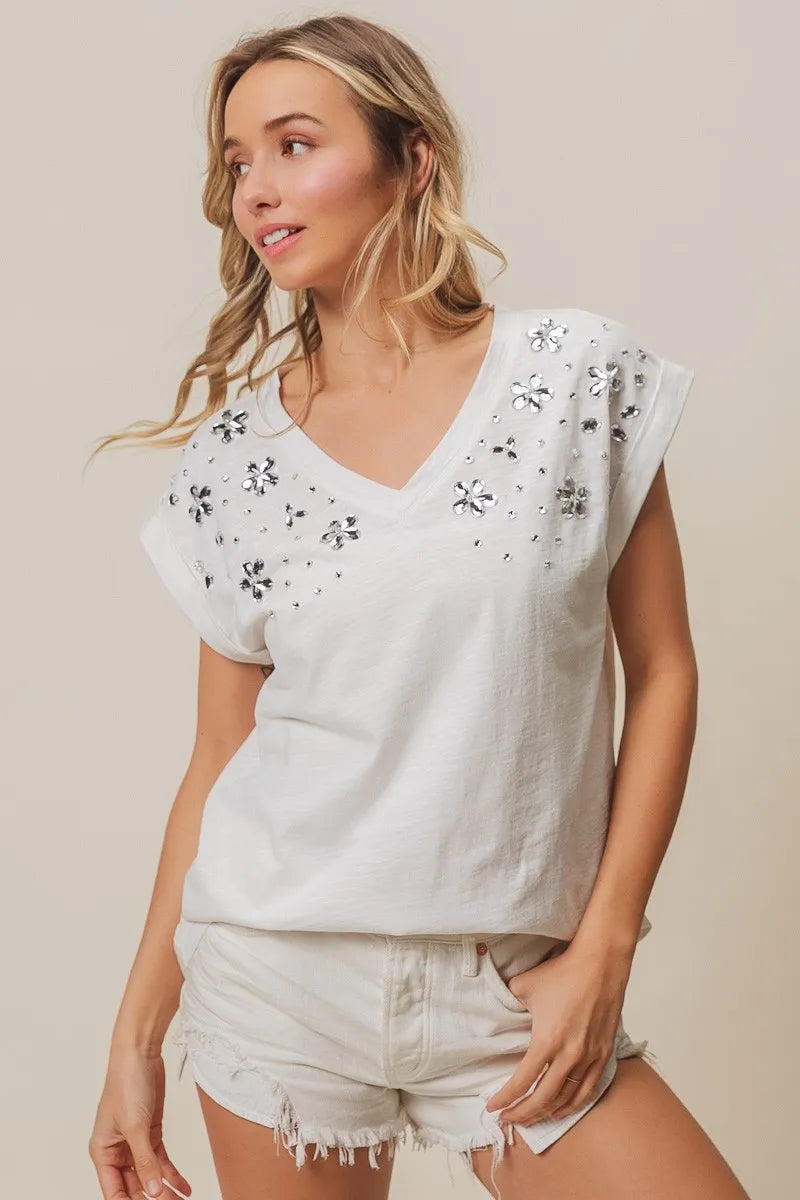 Image of BiBi Slub Jersey Rhinestone V Neck Top | Queeble.shop