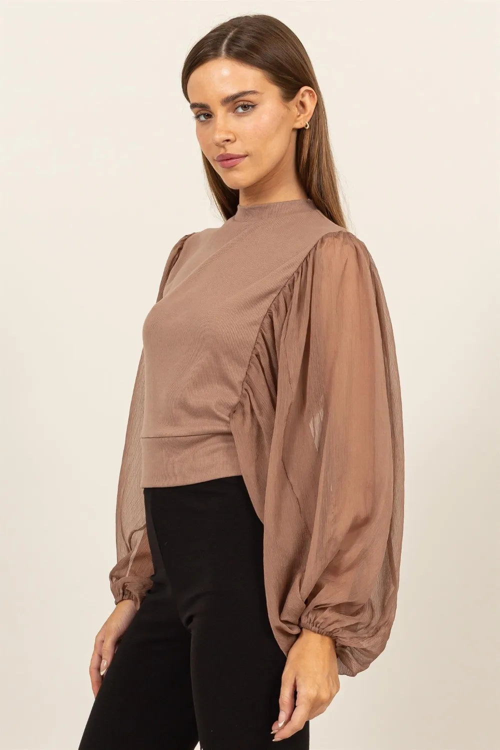 Image of HYFVE Ruched Sheer Long Sleeve Mock Neck Blouse | Queeble.shop