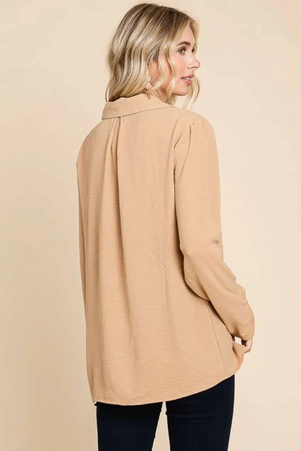 Image of Culture Code Full Size Lapel Collar Ruched Long Sleeve Blouse | Queeble.shop