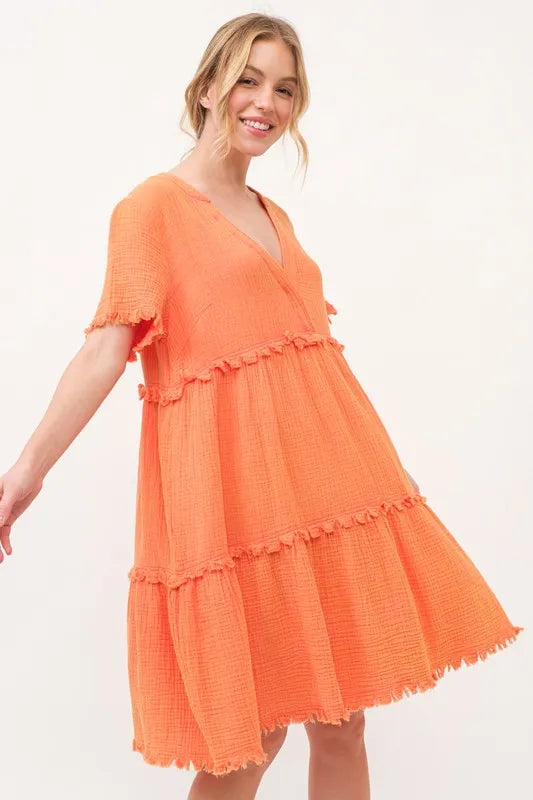 Image of And The Why Washed Frayed Detail Tiered Dress | Queeble.shop