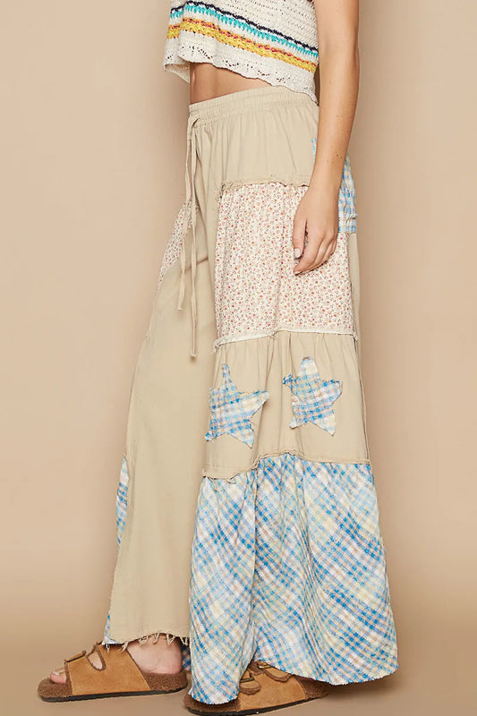 Image of POL Drawstring Star Patch Contrast Wide Leg Pants | Queeble.shop