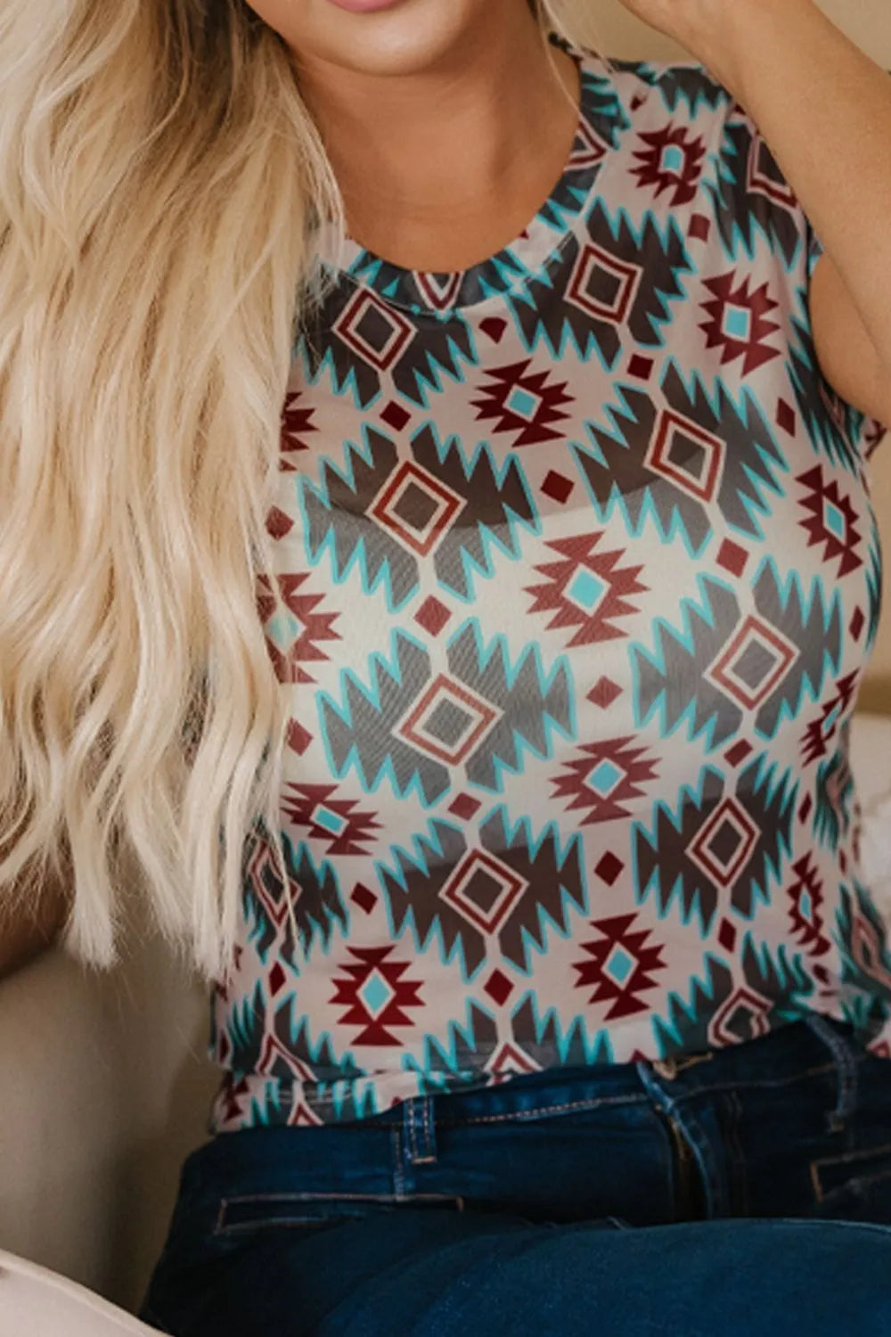 Image of Western Aztec Print Mesh Slim T Shirt | Queeble.shop