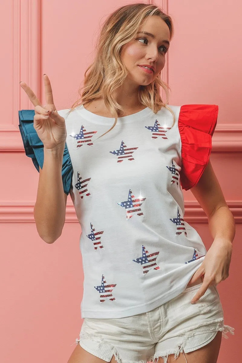 Image of BiBi American Flag Sequin Stars Top | Queeble.shop