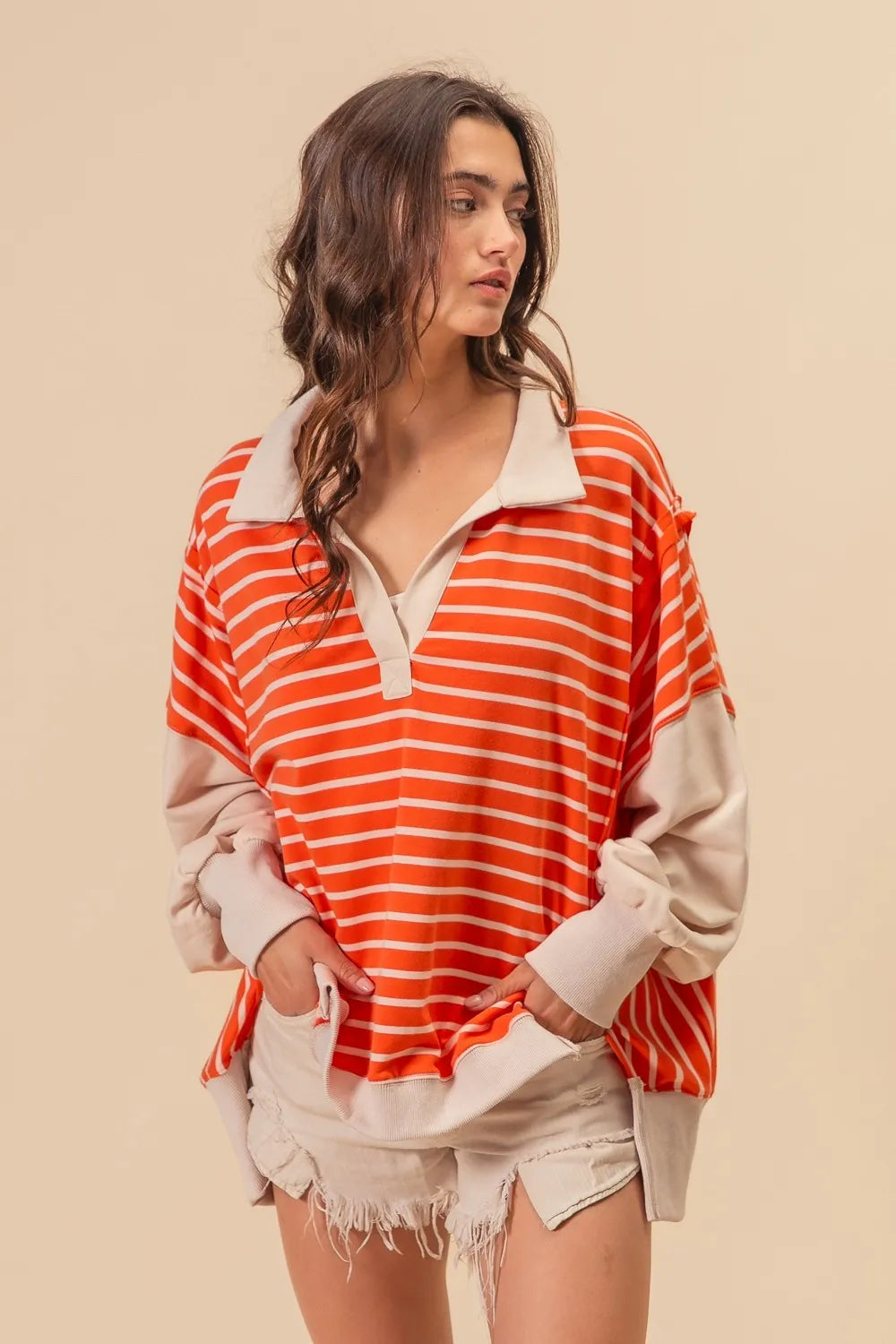 Image of BiBi Stripe Knit Loose Fit Top With Cut Edge Detail | Queeble.shop
