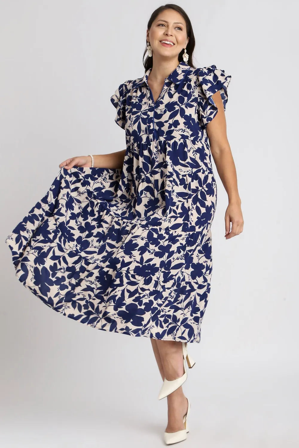 Image of Umgee Full Size Floral Collared Ruffle Cap Sleeve Midi Dress Plus Size | Queeble.shop