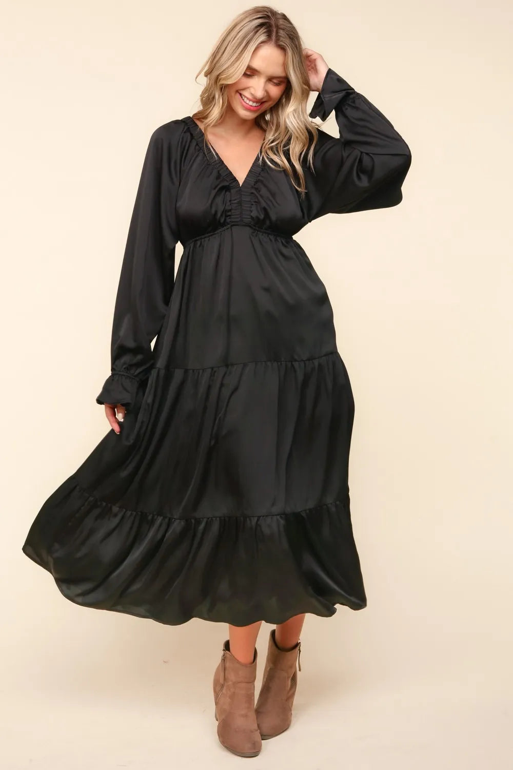 Image of Haptics Flounce Sleeve Tiered Midi Dress with Pockets | Queeble.shop