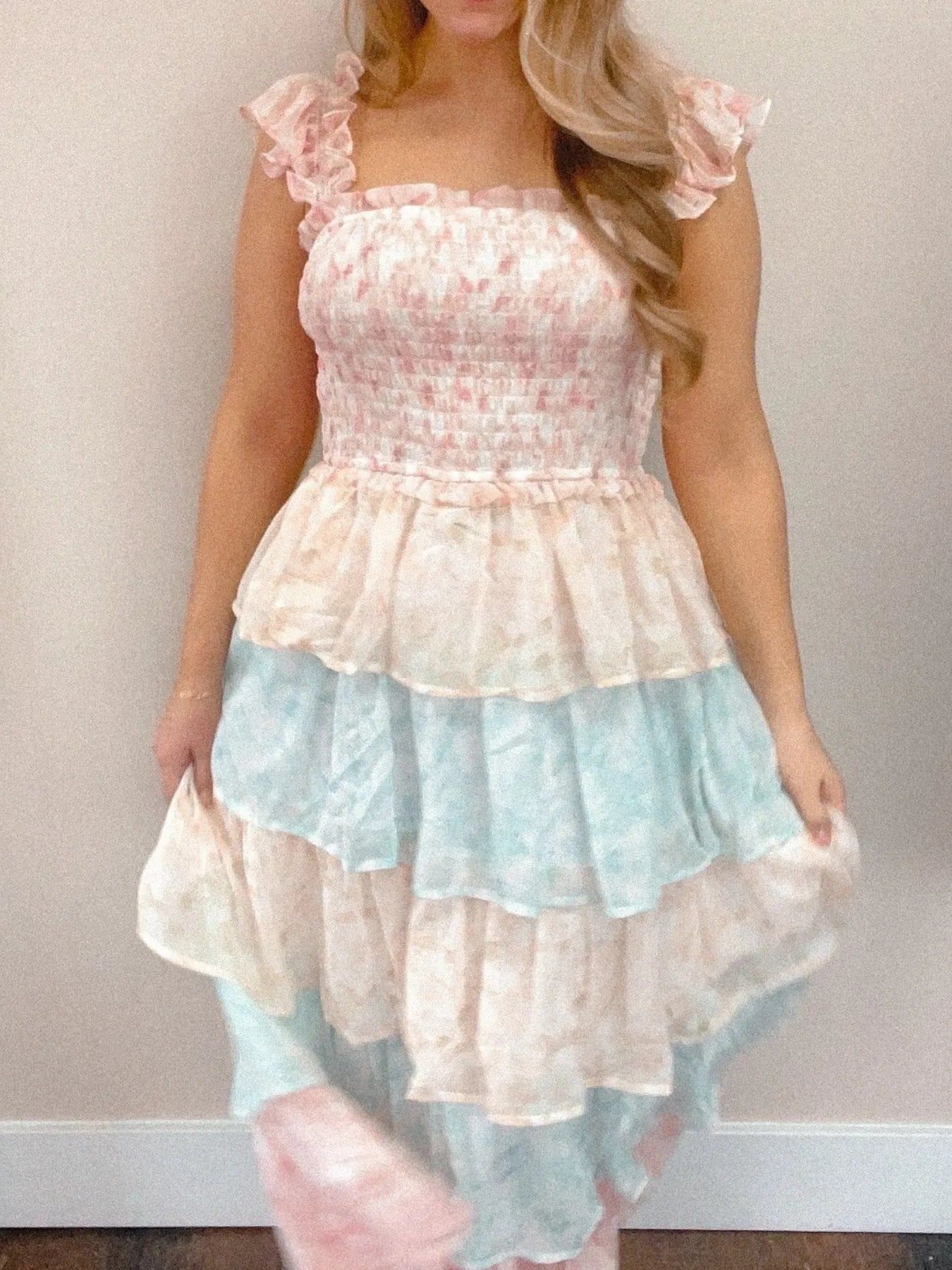 Image of Smocked Ruffle Layered Floral Midi Dress | Queeble.shop