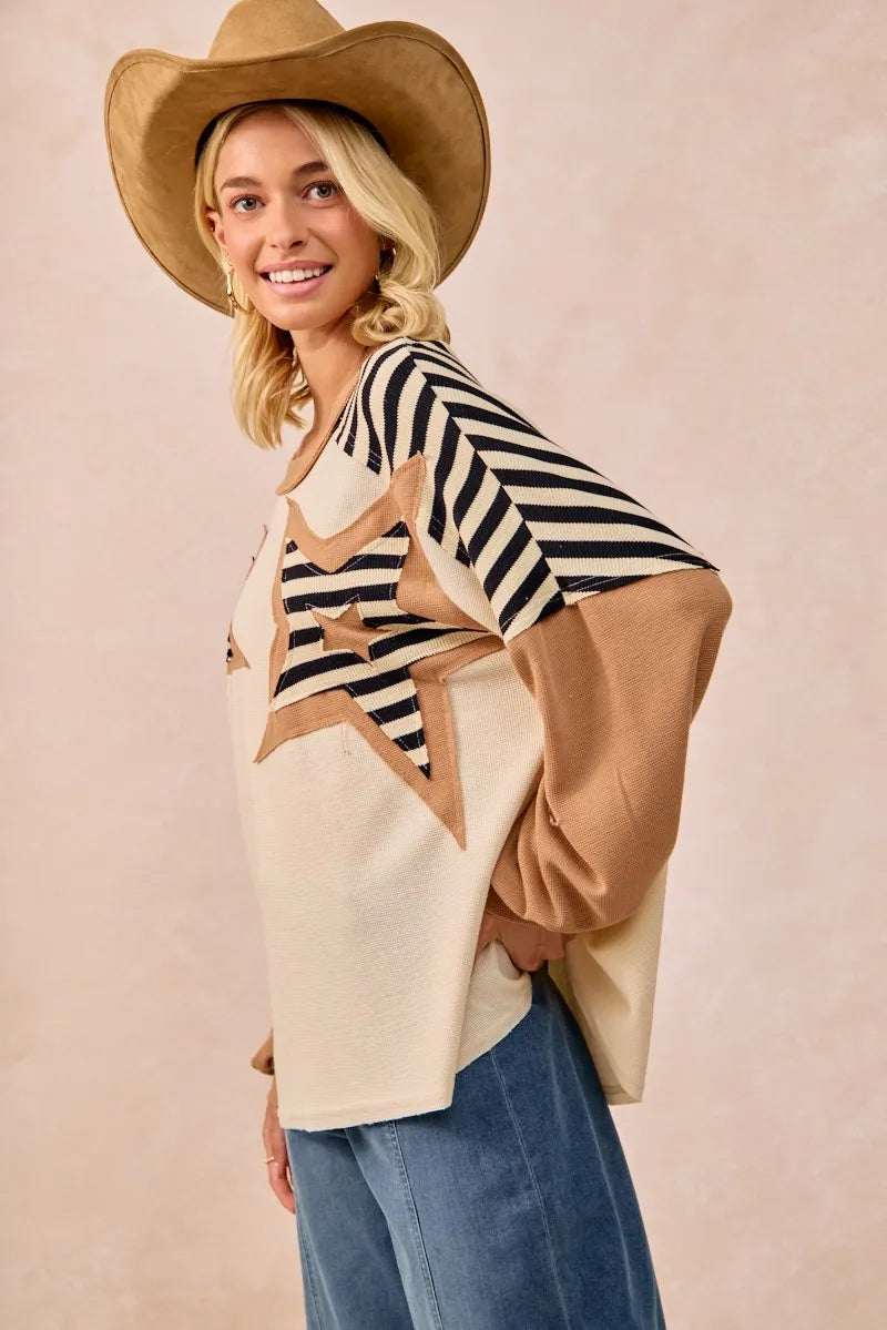 Image of BiBi Star Patchwork Mixed Long Sleeve Top | Queeble.shop