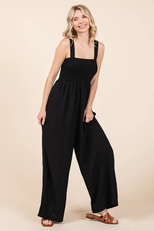 Image of Mittoshop Smocked Wide Strap Wide Leg Overalls | Queeble.shop