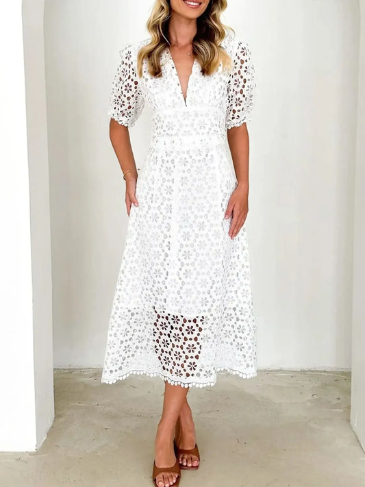 Image of Eyelet Lace V-Neck Midi Dress with Puff Sleeves | Queeble.shop