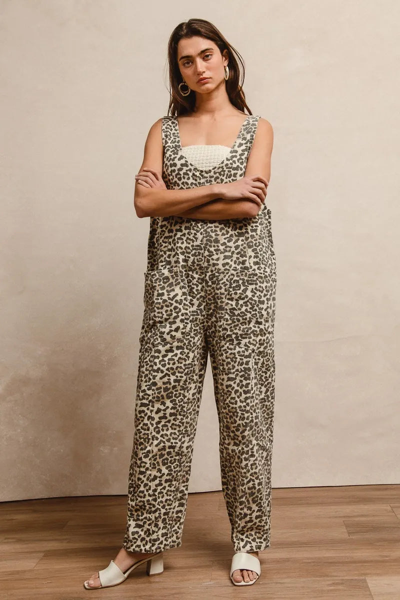 Image of BiBi Leopard Print Adjustable Strap U Neck Jumpsuit | Queeble.shop