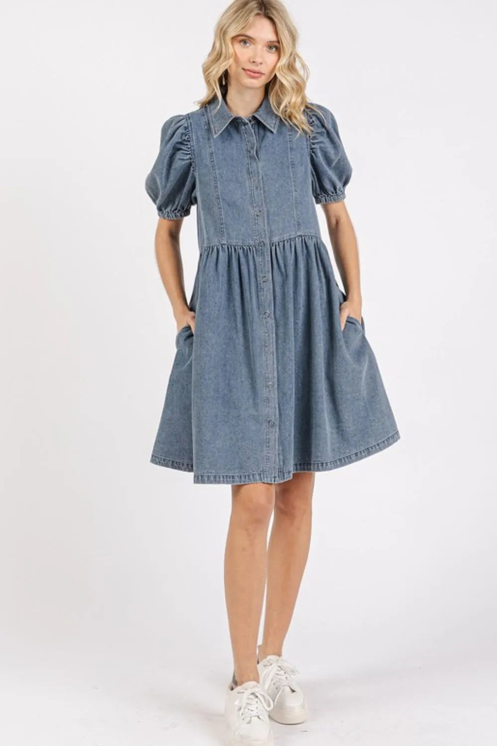 Image of Mittoshop Button Down Puff Sleeve Denim Dress | Queeble.shop