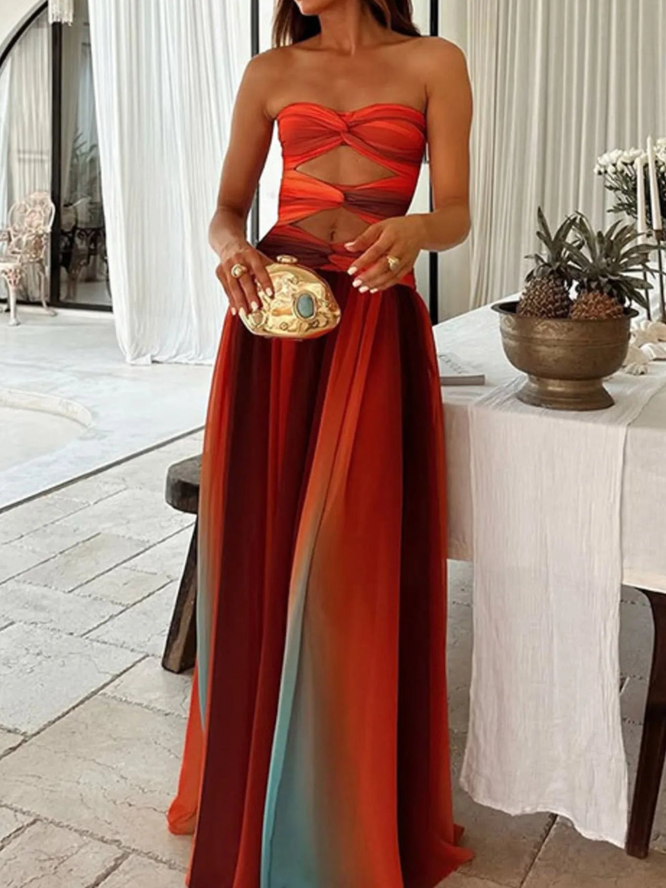 Image of Strapless Cut-Out Rainbow Gradient Maxi Dress | Queeble.shop