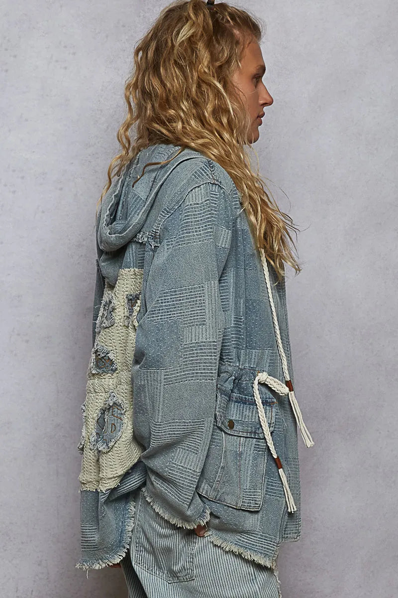 Image of POL Raw Hem Drawstring Zip Up Hooded Denim Jacket | Queeble.shop