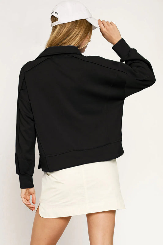 Image of Umgee Collared Neck Long Sleeve Top with Raw Hem Detail | Queeble.shop